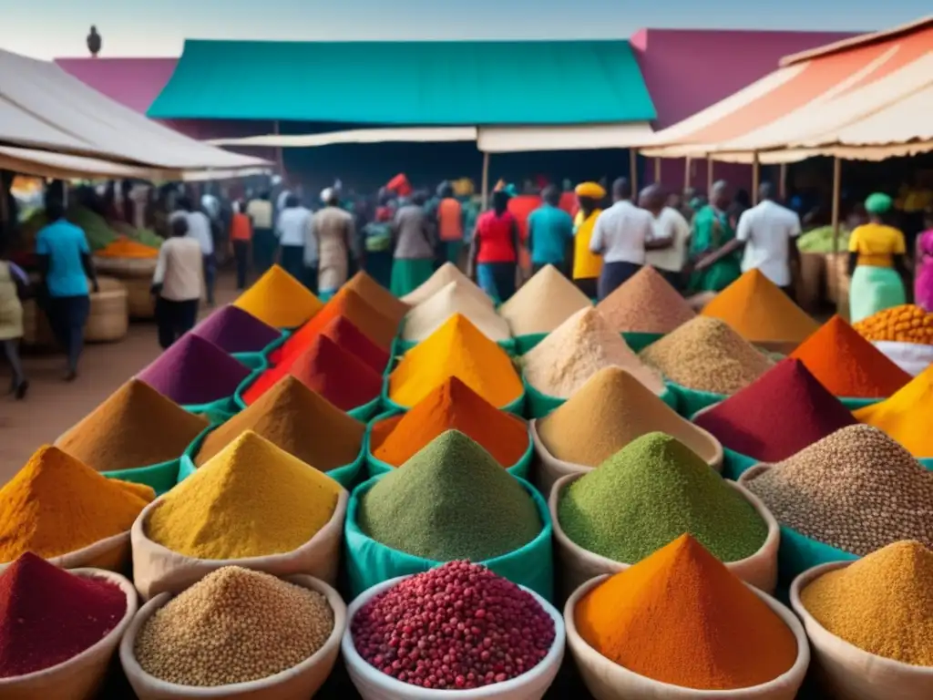 Escena vibrante de mercado africano con cocina africana, ingredientes diversos, colores vibrantes y ambiente animado