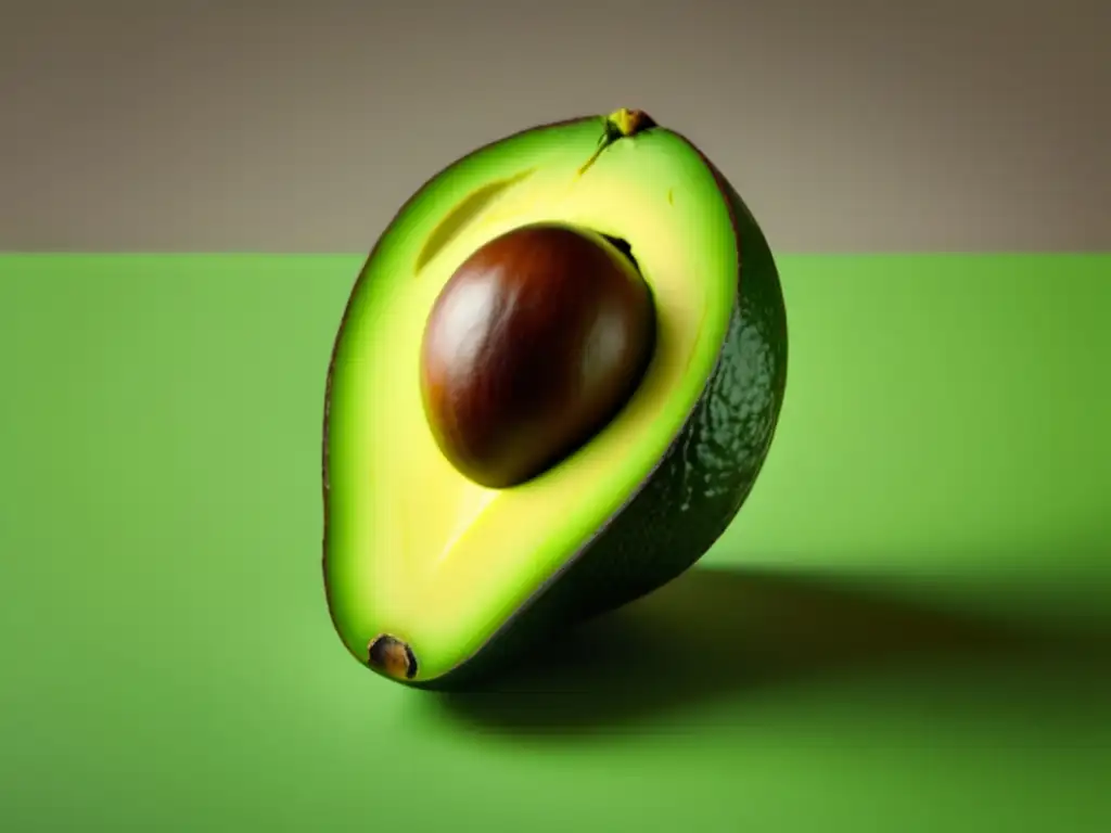 Beneficios del aguacate: imagen minimalista y abstracta de un aguacate maduro, cortado por la mitad, mostrando su carne verde vibrante