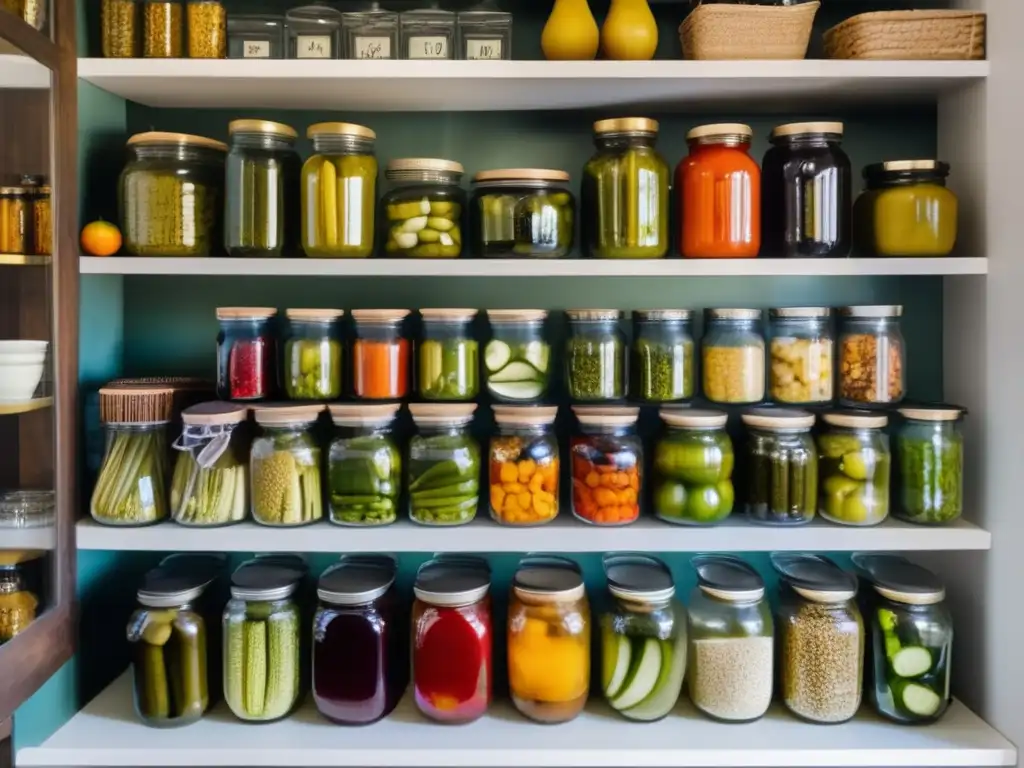 El arte de conservar verduras y hortalizas para todo el año en un hermoso y organizado despensa con frascos de vidrio llenos de colores vibrantes