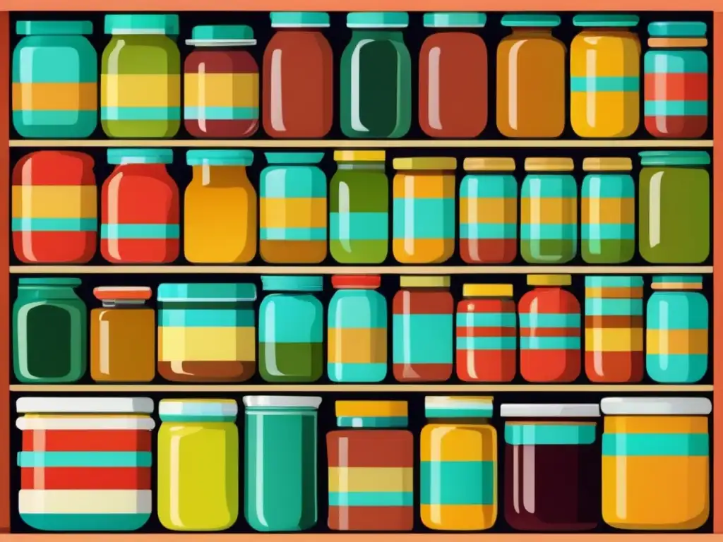 Conservación de alimentos en salsa, imagen minimalista y abstracta de alimentos preservados en tarros y latas