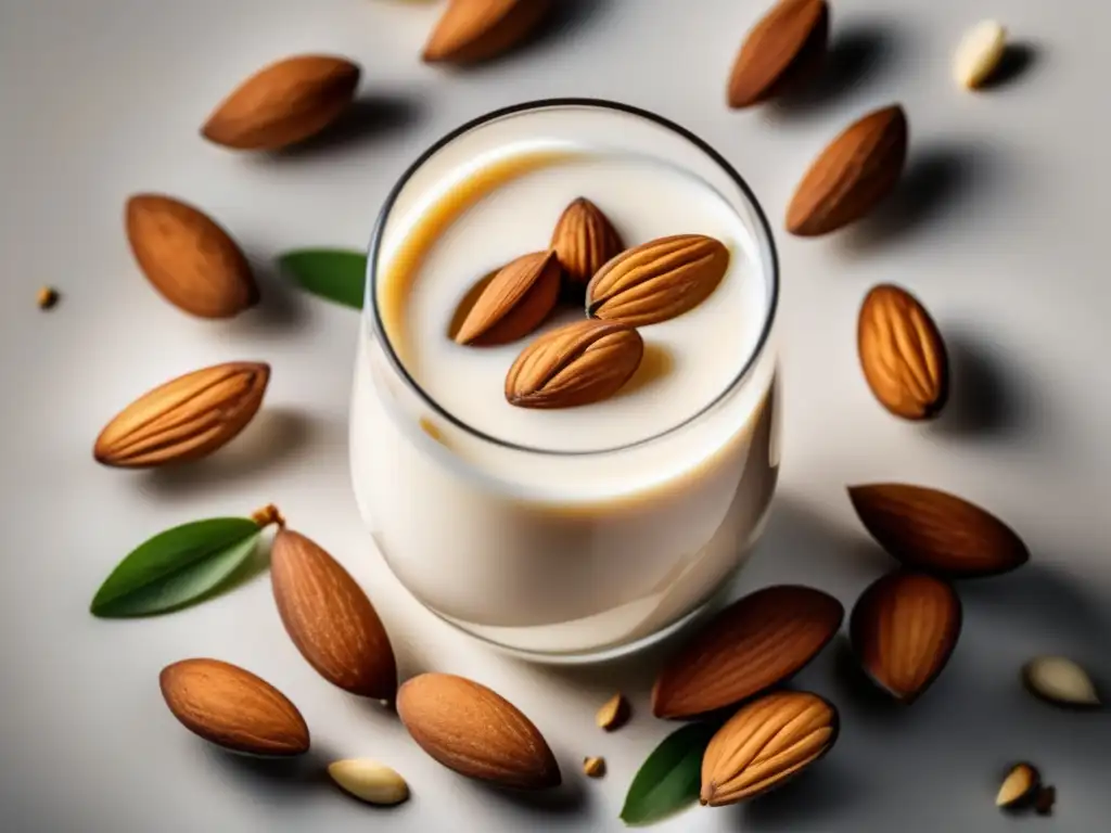 Glass of almond milk and fresh almonds: los beneficios nutricionales de la leche de almendras