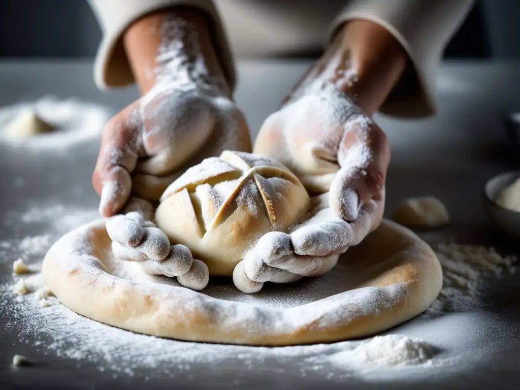 Manos amasando masa de pan vegano en casa