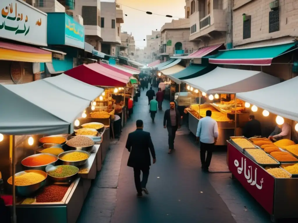 Los sabores ocultos de la comida callejera en Jordania: una imagen ultradetallada y vibrante de una bulliciosa calle en Ammán