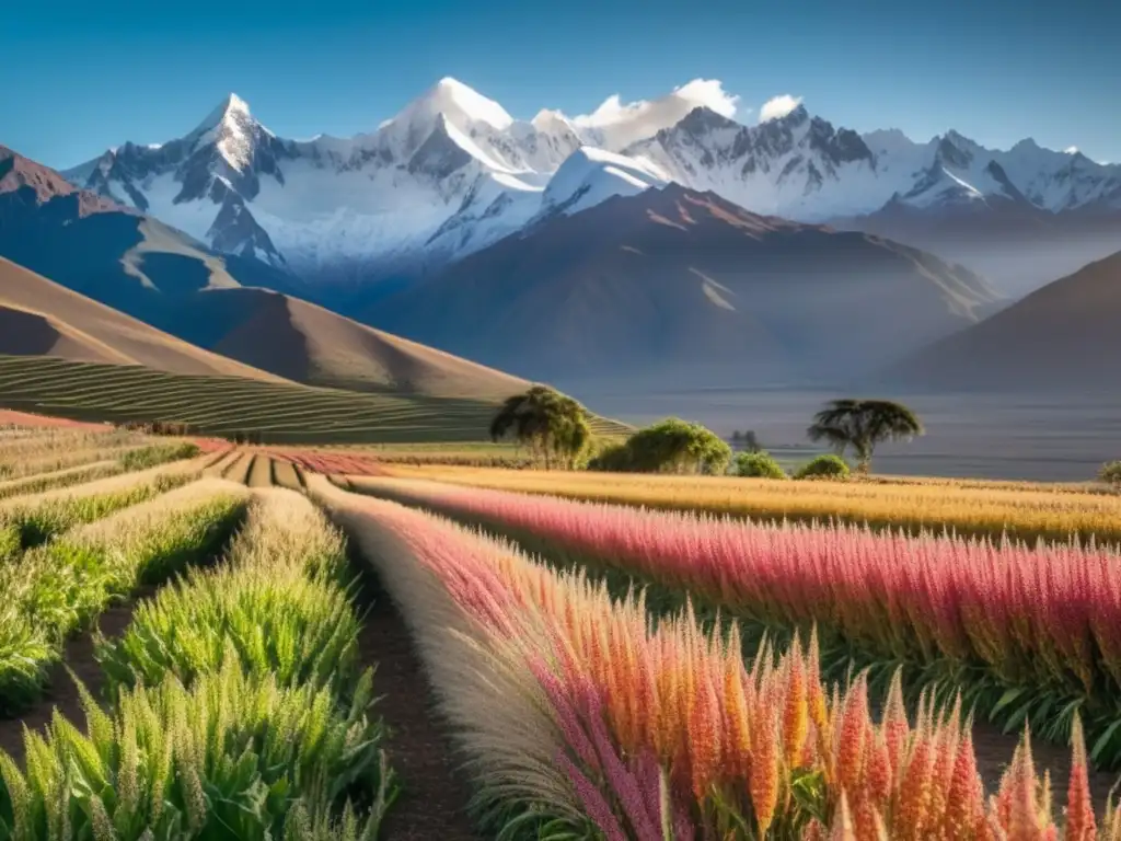 Paisaje andino dorado con montañas nevadas y campos de quinua, una joya culinaria (110 caracteres)