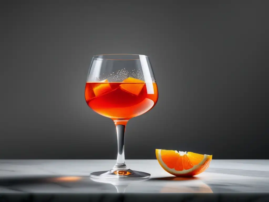 Un Aperol Spritz vibrante en un elegante vaso de cristal, sobre una encimera de mármol blanco, iluminado por una suave luz difusa