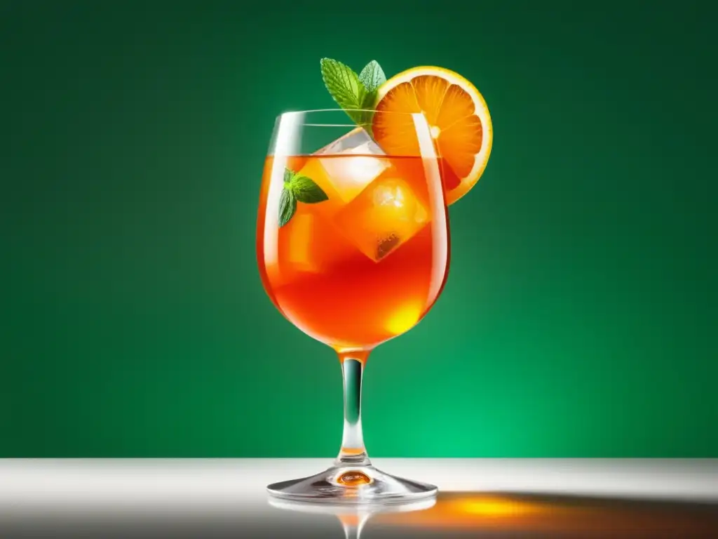 Imagen de un Aperol Spritz, cóctel vibrante y minimalista, con vaso de cristal, líquido naranja, naranja fresca y menta, fondo suave y elegante