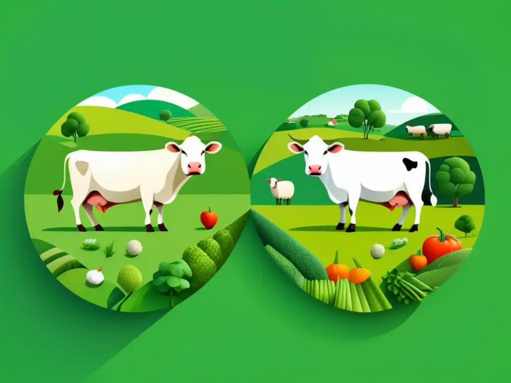 Ilustración abstracta en 8k muestra armonía entre animales de granja y vegetales, evocando la sostenibilidad y conexión con los alimentos