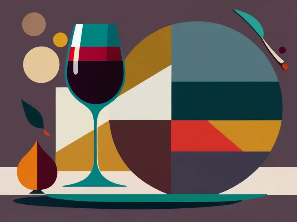 Maridaje con vinos: Imagen minimalista y abstracta de una copa de vino y un plato de comida variada, resaltando colores y texturas