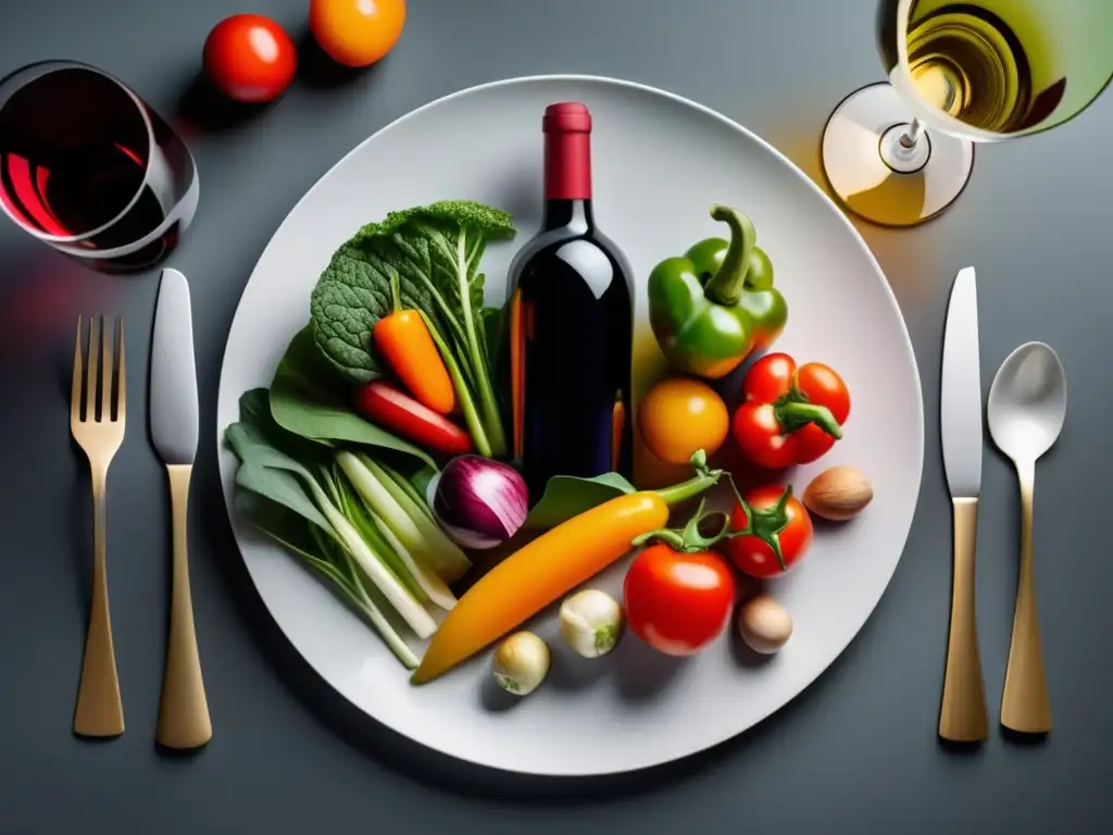 Maridaje de vinos y verduras: plato blanco con vegetales vibrantes y vinos diversos, en imagen minimalista y elegante