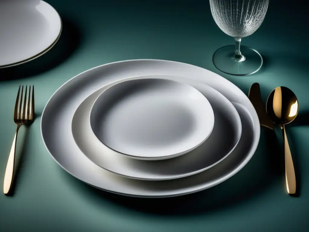 Maridaje perfecto: Gastronomía y poesía, mesa minimalista con platos blancos y cubiertos plateados en ambiente etéreo