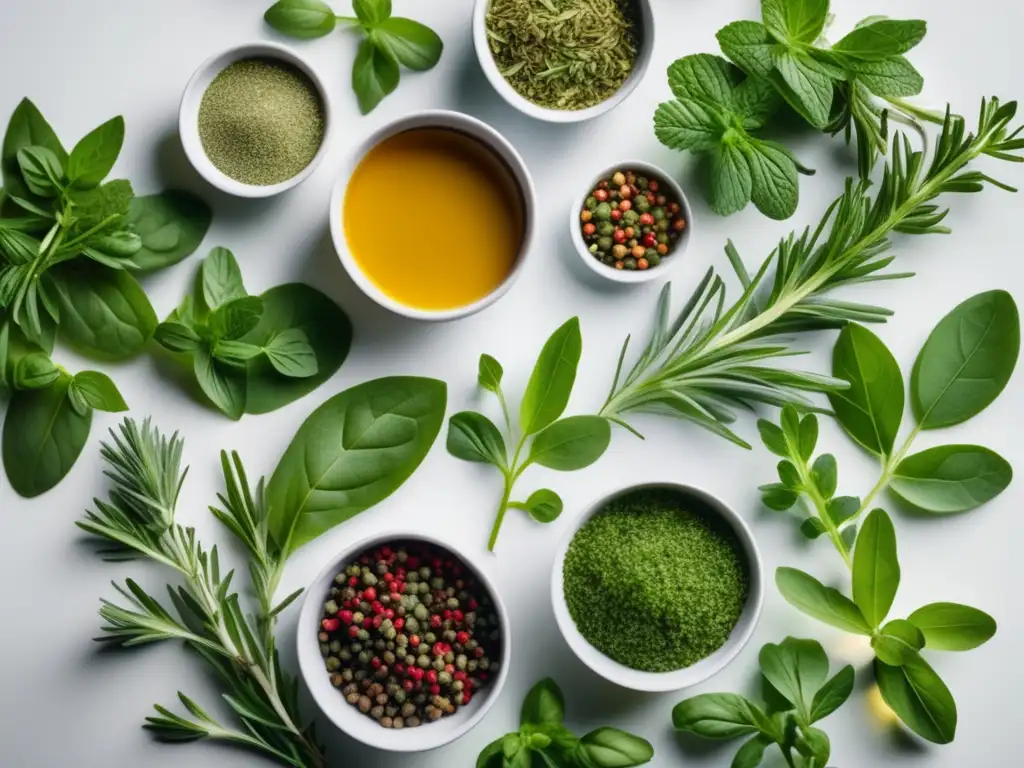 Técnicas culinarias para resaltar sabores con hierbas y especias frescas en un fondo blanco