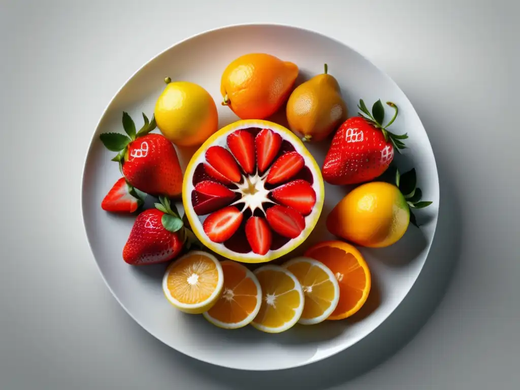 Cortes de Frutas para Coctelería: Elegante arreglo de frutas vibrantes en plato blanco