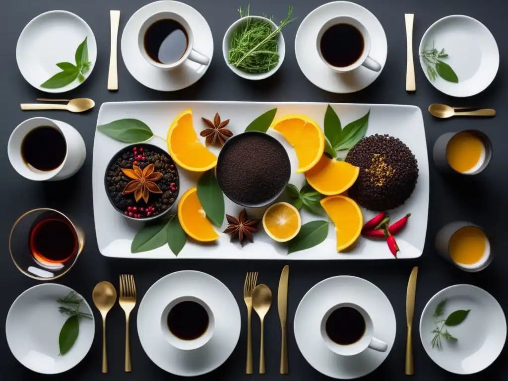 Mesa elegante con platos y tazas blancas, café oscuro y té aromático, especias vibrantes y frutas exóticas para maridar comidas con café y té