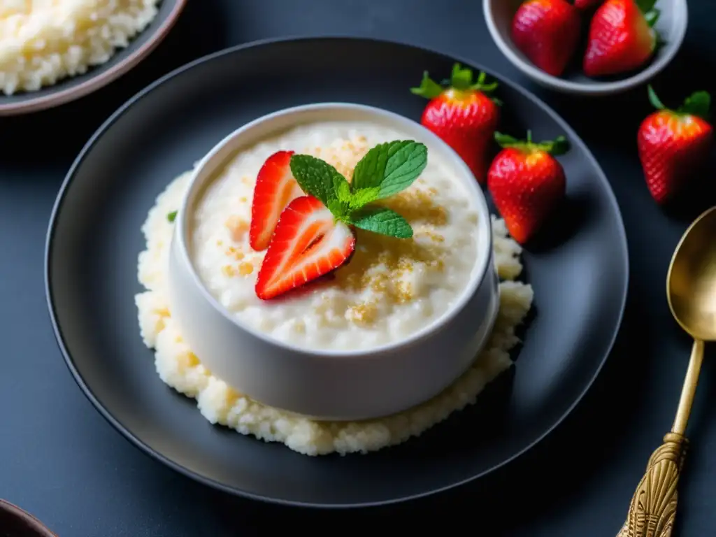 Plato de arroz con leche paraguayo en mesa negra - Cocina Paraguaya