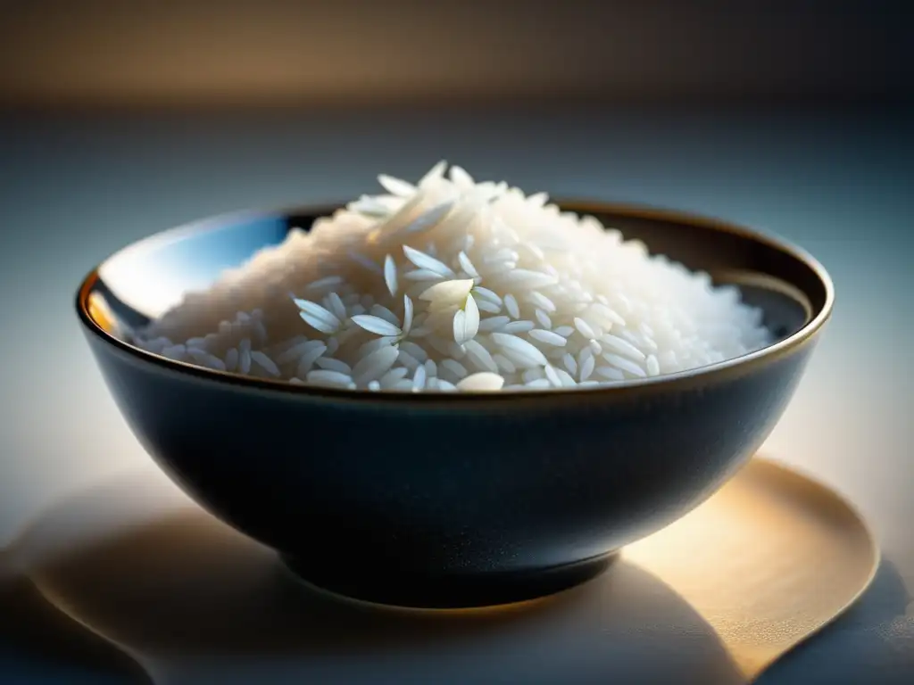 Arroz jazmín: cuenco blanco de arroz vaporoso y brillante, rodeado de fondo abstracto y pastel