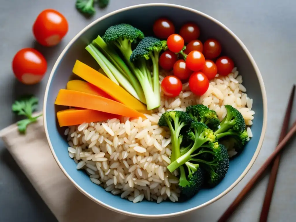 Bowl de arroz integral con vegetales frescos: Propiedades nutricionales y beneficios para el peso