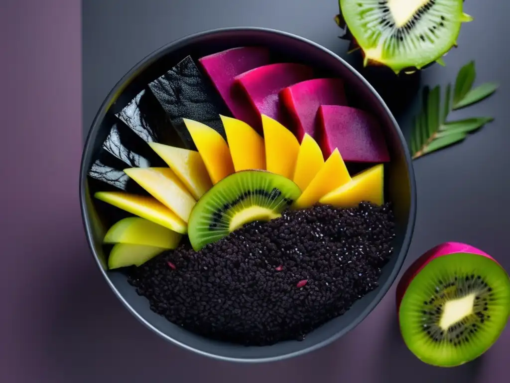 Arroz negro con frutas exóticas en una composición visualmente impactante