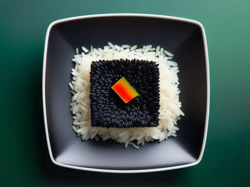 Arroz negro elegante con coloridas guarniciones en un plato blanco