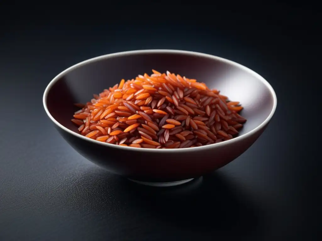 Imagen: Cuenco blanco con arroz rojo cocinado, resaltando la cocina asiática