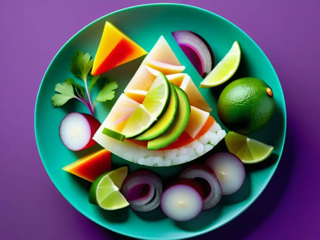 Ceviche: Imagen abstracta y minimalista del plato, resaltando colores y texturas vibrantes de los ingredientes