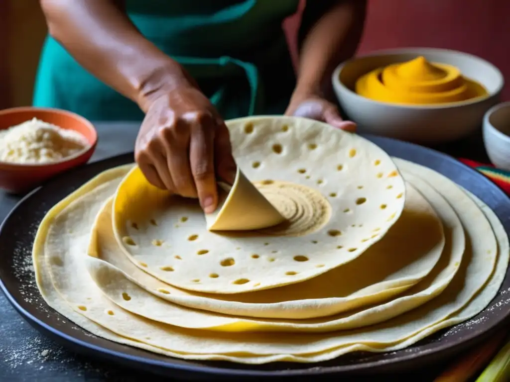 Cocina costarricense: preparación artesanal de tortillas con masa de maíz, colores vibrantes y texturas que capturan la tradición culinaria