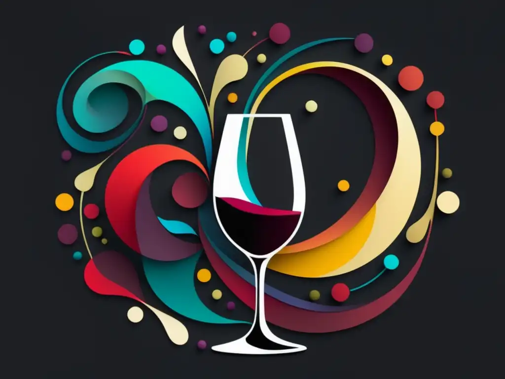 Maridaje con vinos: Imagen 8k minimalista y abstracta, con colores vibrantes y simbolizando los sabores y aromas en un vino perfectamente maridado