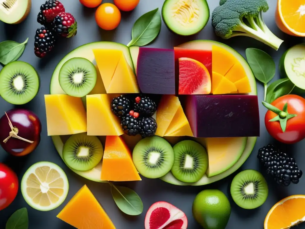 Comida vegana sin gluten: una opción saludable y deliciosa - Frutas y vegetales coloridos en un patrón abstracto