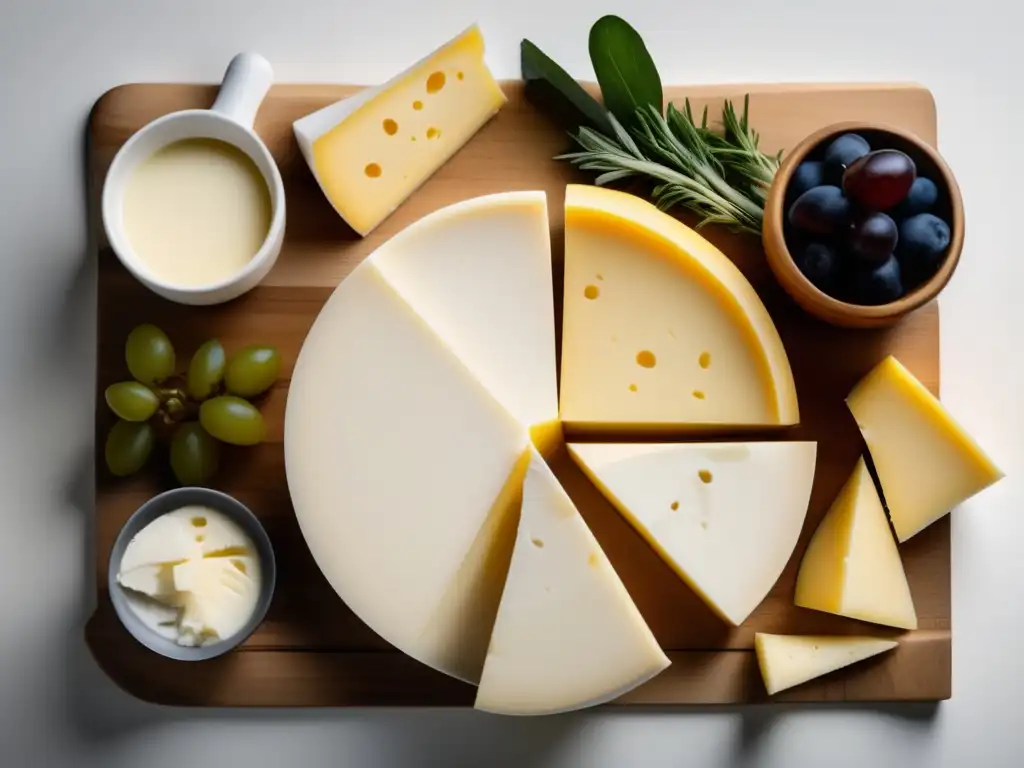 Imagen minimalista de la producción de queso: pureza y simplicidad en un tablero de madera circular con elementos representativos del proceso