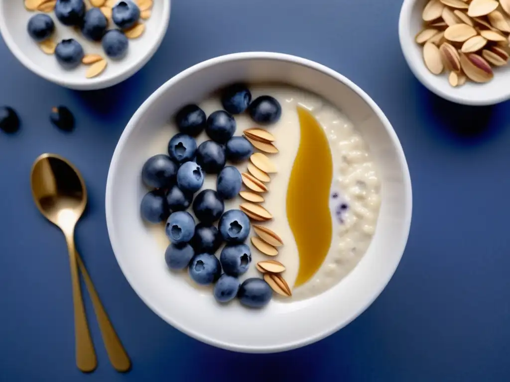 Propiedades nutricionales de la avena en una imagen ultradetallada y minimalista de un tazón blanco con avena cremosa, arándanos, almendras y miel