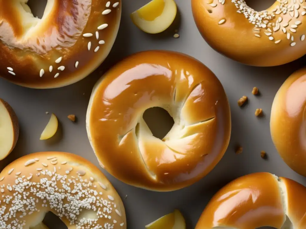 Bagel dorado con textura y detalles, corte revela interior esponjoso - El Secreto de los Bagels y Donuts: Iconos de la Pastelería Norteamericana