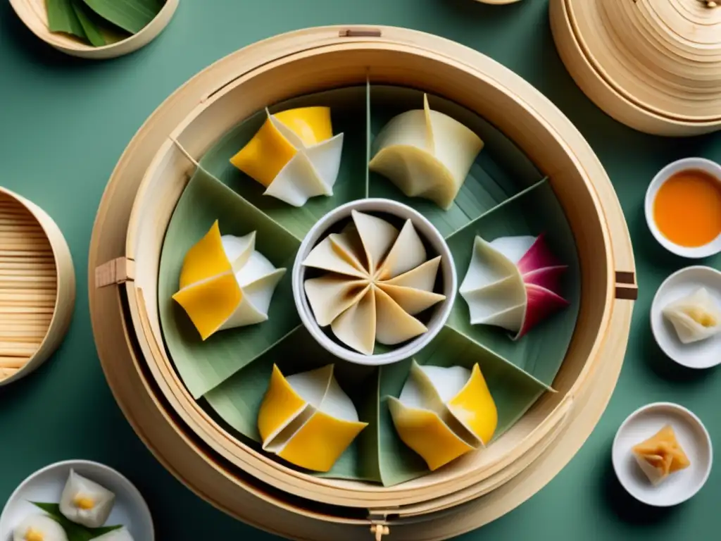 Arte del Dim Sum: Un Símbolo Cultural Chino - Dim sum colorido y meticulosamente elaborado en un steamer de bambú