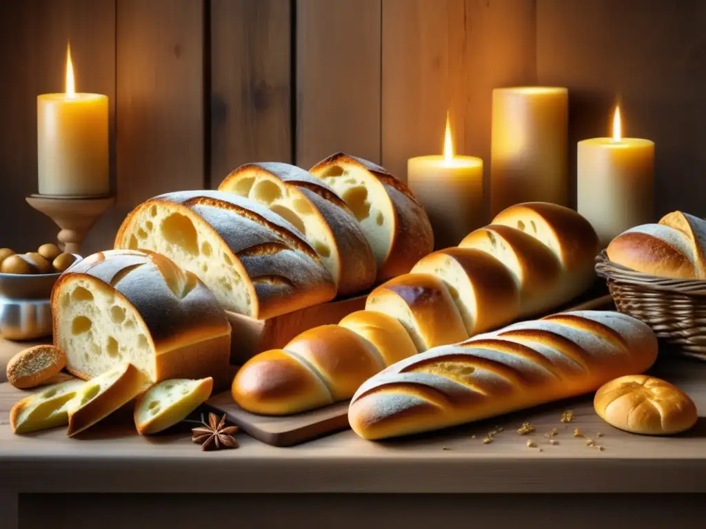 Panadería en la cocina mediterránea: mesa rústica con panes artesanales variados