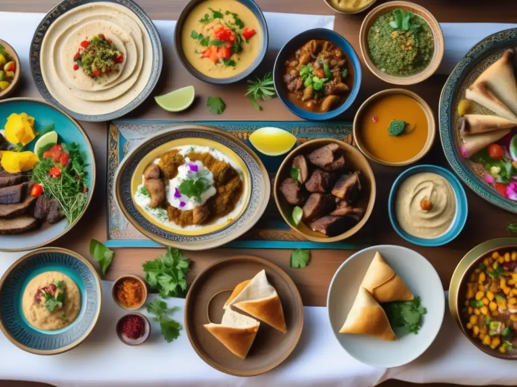 Técnicas Culinarias Únicas de la Cocina de Oriente Medio: Un festín árabe de alta resolución, con platos vibrantes y una presentación exquisita