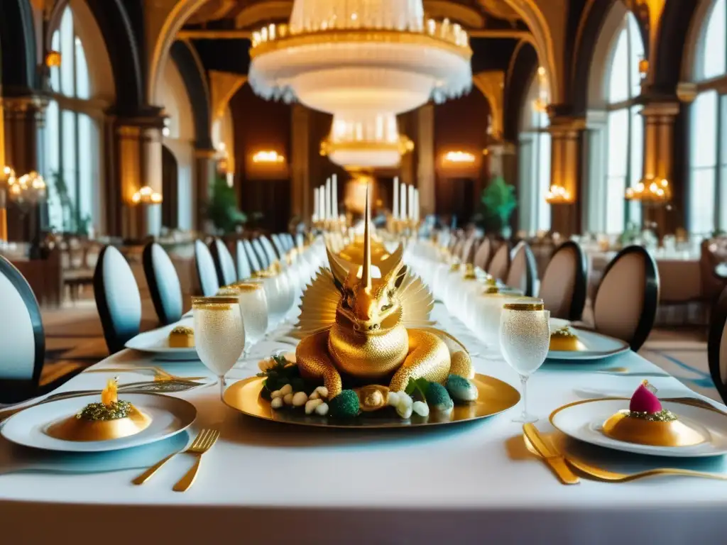 Banquete mágico en un gran salón con platos exquisitos y personajes de la literatura fantástica