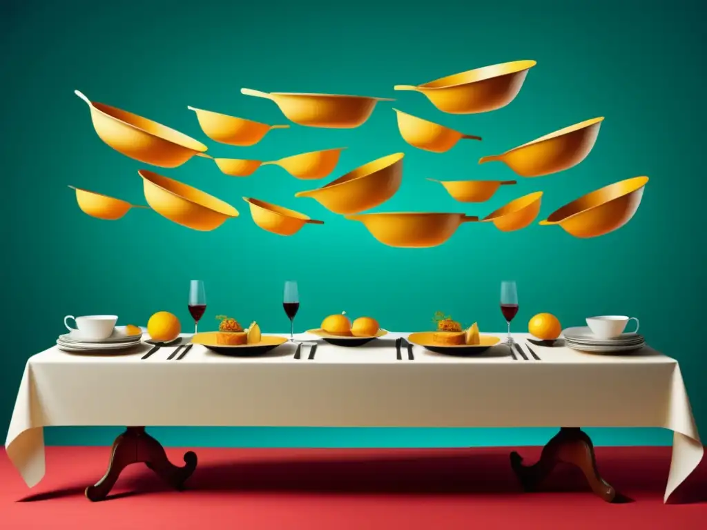 Ilustración surrealista de un banquete flotante que fusiona gastronomía y realismo mágico