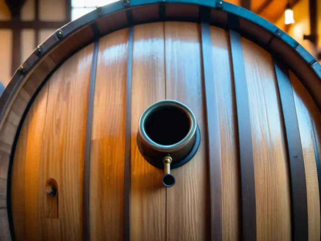 Cervezas lambic: Barril de madera con detalles texturizados, patina envejecida, luz natural y cerveza dorada y ámbar