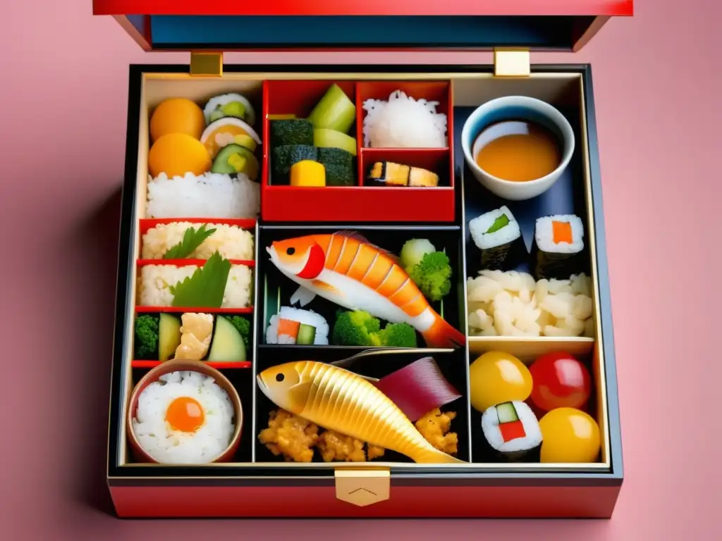 Bento box japonés con platos tradicionales, una composición visualmente impresionante (110 caracteres)