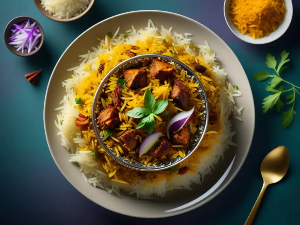 Plato de biryani: colores y texturas vibrantes, influencia persa en la cocina india