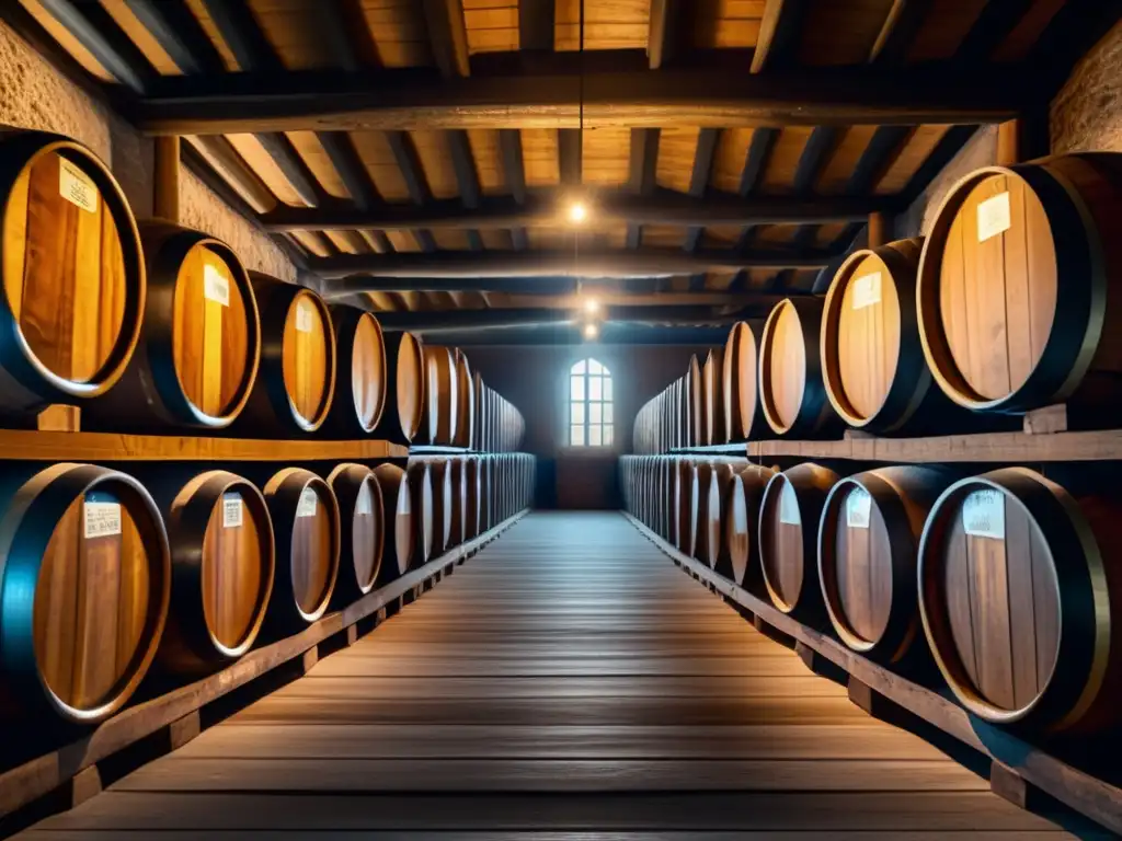 Cervezas de guarda: Imagen detallada de una bodega con barriles envejecidos, creando un ambiente histórico y artesanal