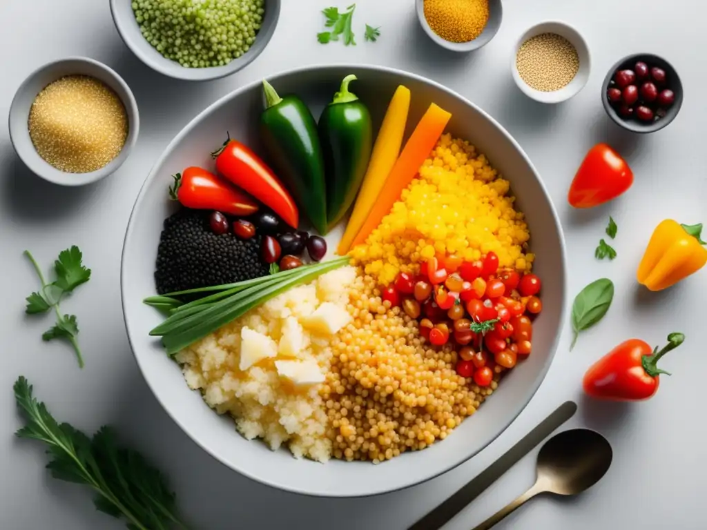 El fascinante mundo del couscous: Un cereal exquisito y colorido en un cuenco rodeado de ingredientes y utensilios