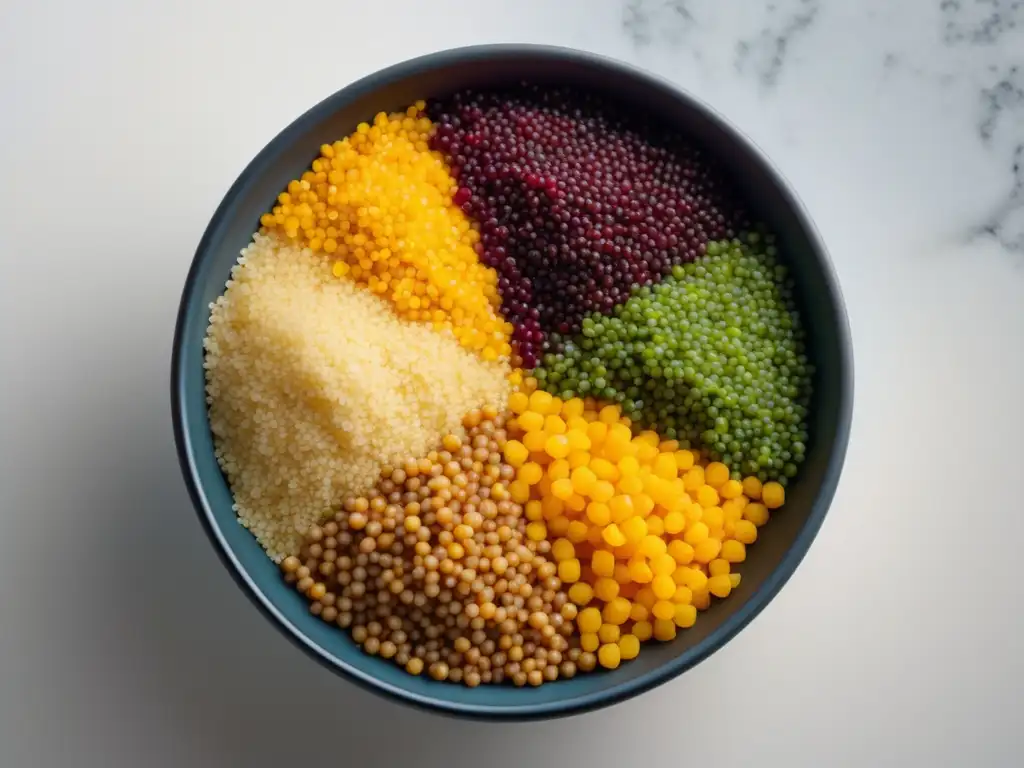 Cuenco de couscous vibrante y colorido, con granos perfectamente cocidos y dispuestos en un patrón artístico