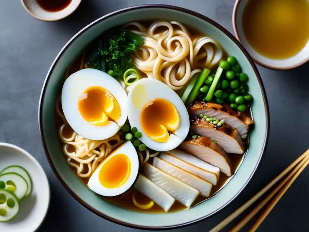 Delicioso tazón de ramen con fideos rizados, caldo dorado y toppings exquisitos