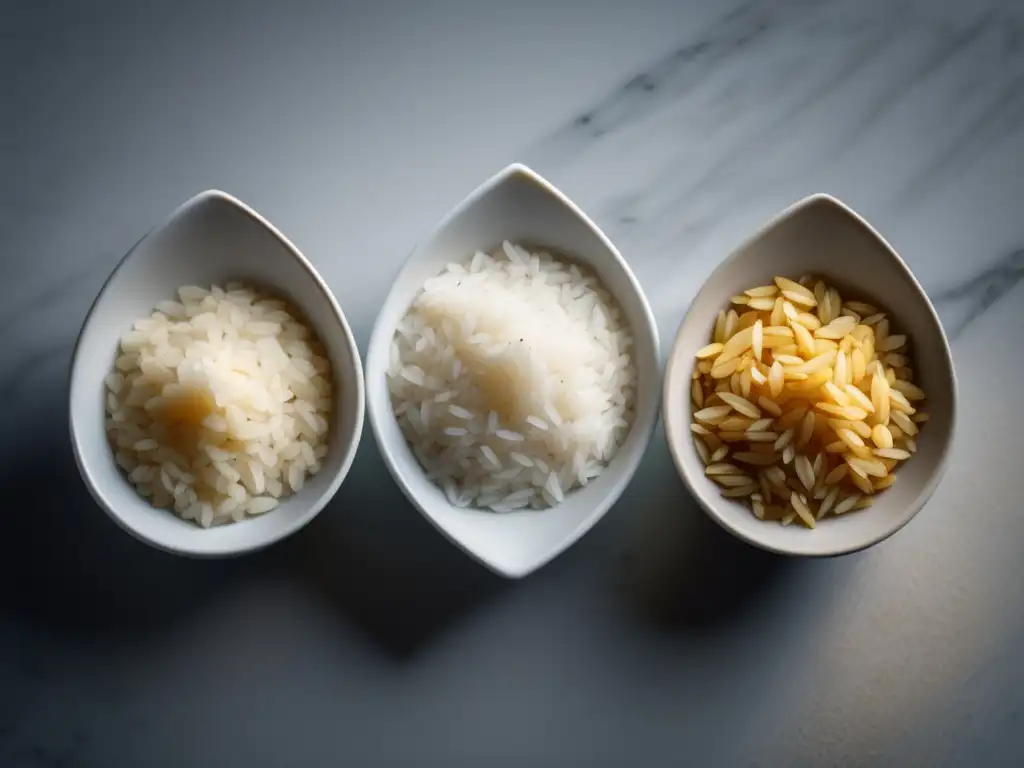 Imagen de tres tazones de arroz: blanco, integral y basmati, con texturas y aromas distintos