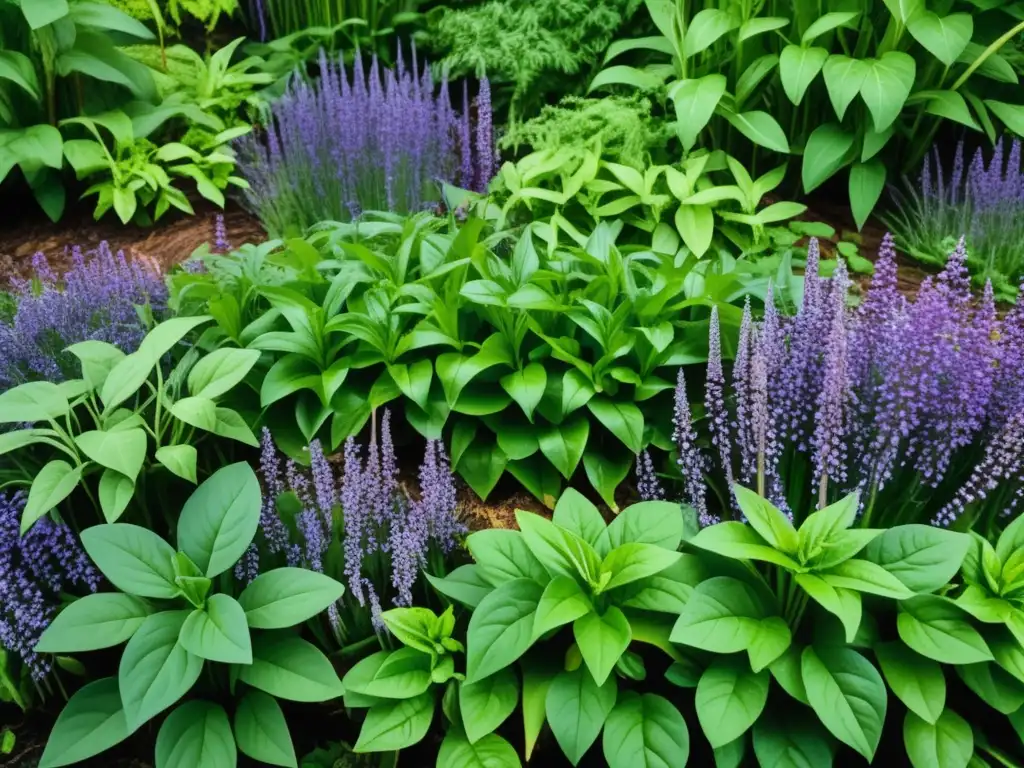 Hortalizas silvestres en un exuberante suelo forestal, con detalles de plantas únicas y colores vibrantes