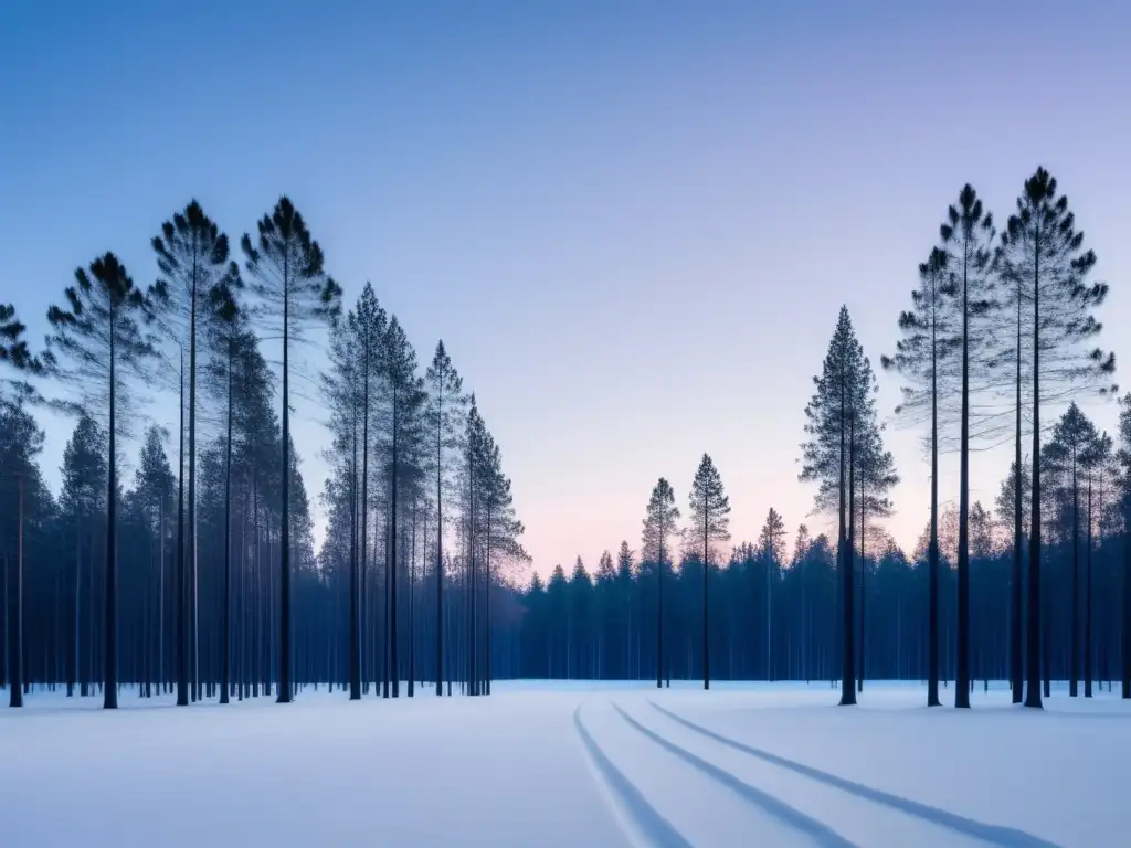 Cocina finlandesa: Bosque sereno en Finlandia al atardecer, con árboles altos y delgados proyectando sombras en la nieve