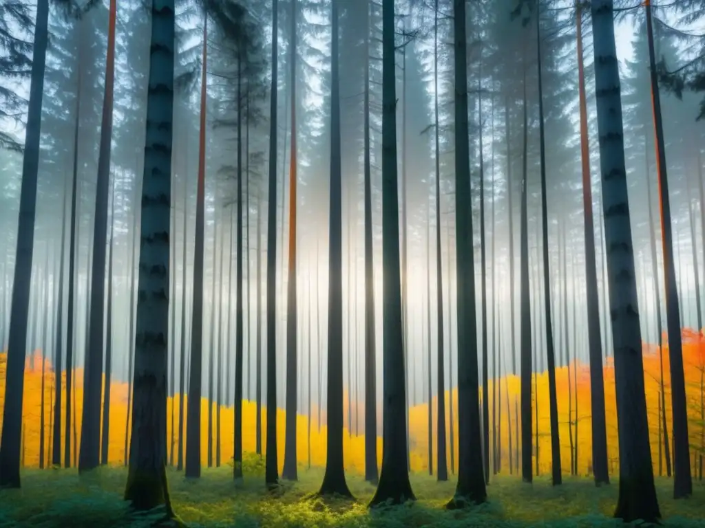 Un viaje culinario a lo salvaje: una imagen abstracta minimalista de un vibrante bosque capturado al atardecer