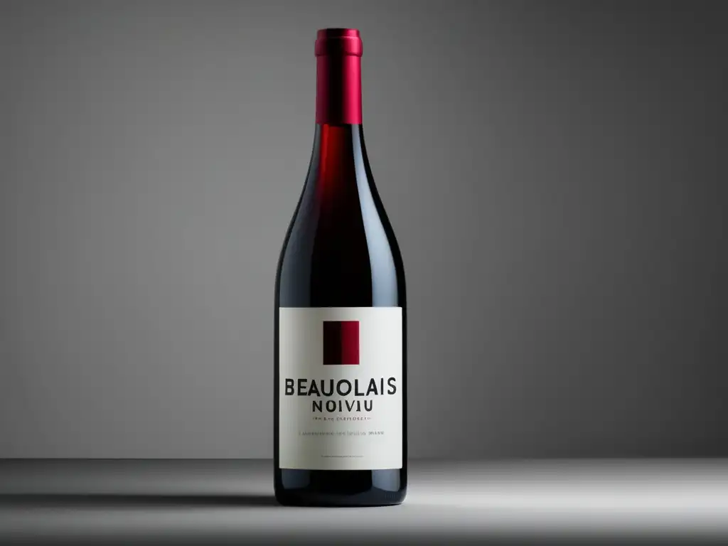 Una imagen minimalista y abstracta de una botella de Beaujolais Nouveau en un fondo blanco