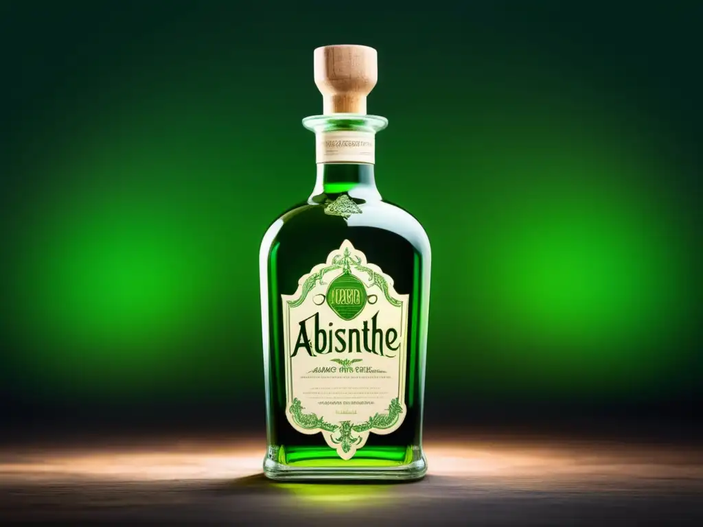 Botella vintage de absenta, líquido verde, etiqueta ornamentada, evoca historia e intriga