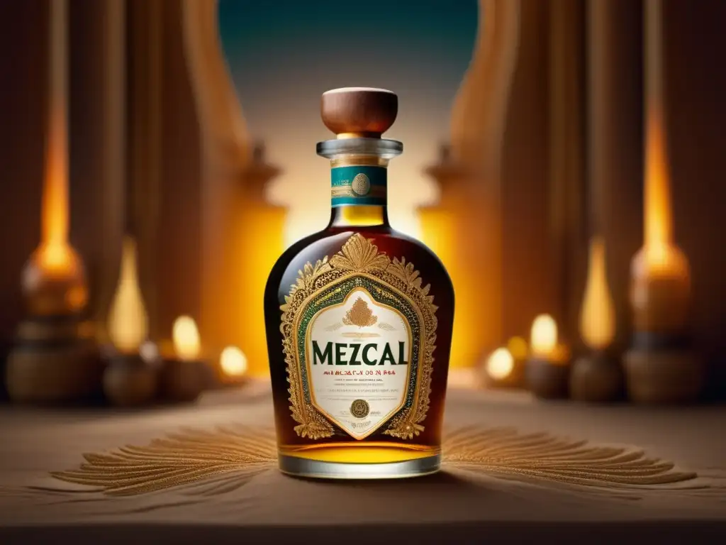 Botella de mezcal 8k con detalles artesanales, líquido dorado y humo místico en un fondo degradado