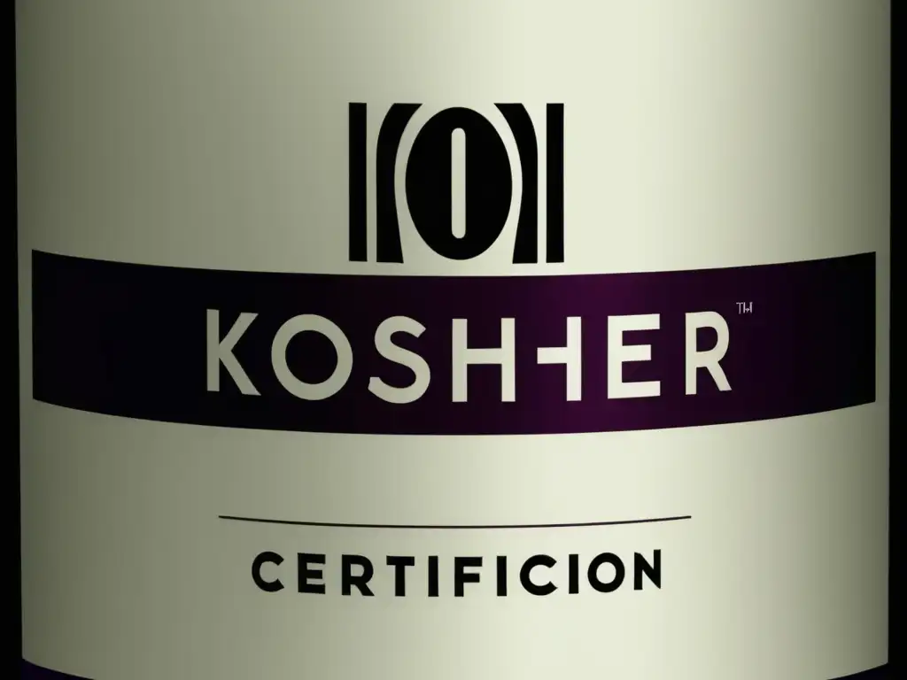 Una imagen minimalista y abstracta de una elegante botella de vino con una etiqueta que muestra claramente el símbolo de certificación 